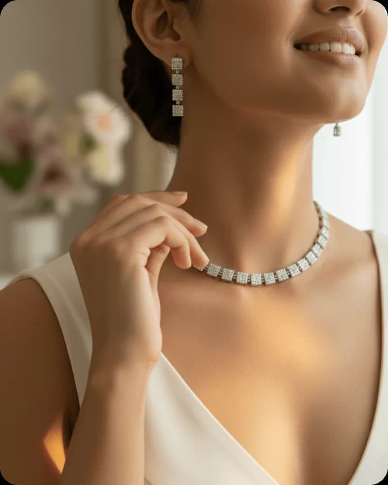 Close-up portrait highlighting a necklace